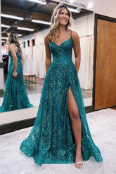 Vestido de fiesta largo de diseño en forma de A con tirantes finos, sin mangas y encaje con abertura